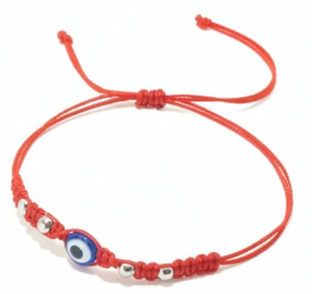 Pulsera tobillera de hilo rojo ojo turco y bolitas de acero
